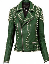 Women’s Green Punk Biker Jacket – Silver Studs, Dual Belted Waist, Brando Lapel Cut with Zipper Detailing & Windproof Party Edge
